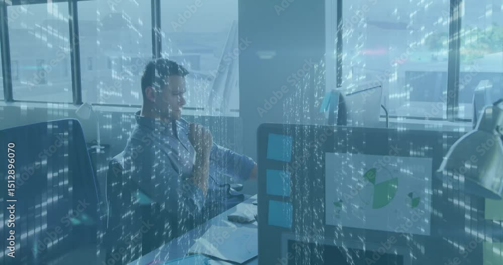 Poster man analyzing business charts in office with data overlays growing before clicking typing commands
