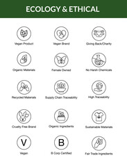Sustainable, Ethical, Vegan, Vegetarian, Eco, Eco-Friendly, Line Icon, Minimal, icon, symbol, vector, business, illustration, website, earth, b-corp, female owned, fair trade, icons, buttons