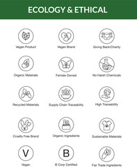 Sustainable, Ethical, Vegan, Vegetarian, Eco, Eco-Friendly, Line Icon, Minimal, icon, symbol, vector, business, illustration, website, earth, b-corp, female owned, fair trade, icons, buttons