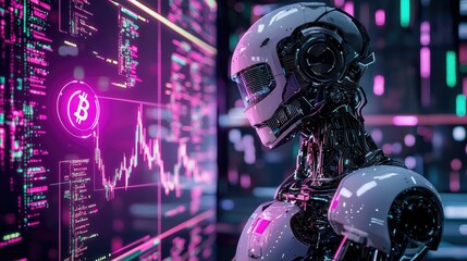 Central hyper-detailed AI quant robot in cyberpunk style, glowing blockchain data streams radiating from its core, holographic crypto charts projected 