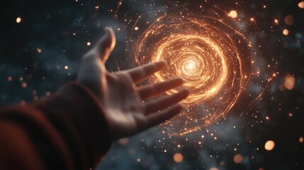 Close-up of a women's hand reaching out towards a glowing portal, full of light and swirling stars. The portal symbolizes opportunity and infinite 