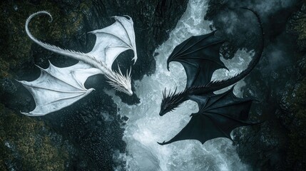 Create a realistic, cinematic overhead shot of two dragons flying overhead together in unison, a black dragon with wings and horns and four claws 