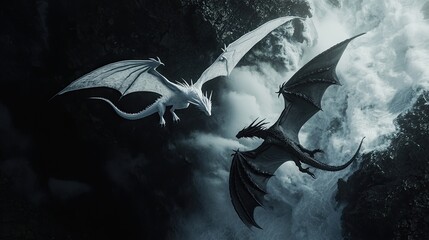 Create a realistic, cinematic overhead shot of two dragons flying overhead together in unison, a black dragon with wings and horns and four claws 