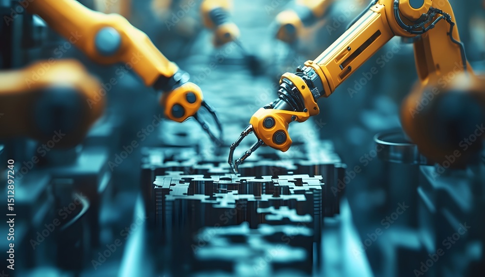 Poster a close-up of robotic arms in a modern manufacturing setting, showcasing precision and automation in
