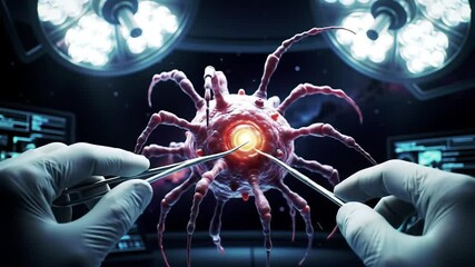 Viewpoint of Surgeon Analyzing Virus Model with Surgical Instruments in Operating Room Under Bright Lights Demonstrating Scientific Research and Medical Analysis - Powered by Adobe