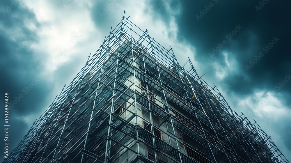 Poster a dramatic view of a building under construction, showcasing scaffolding against a stormy sky. this 
