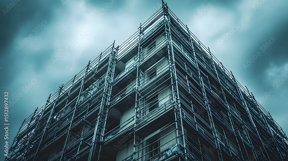 Poster a dramatic view of a scaffolding structure against a stormy sky, showcasing the raw elements of cons