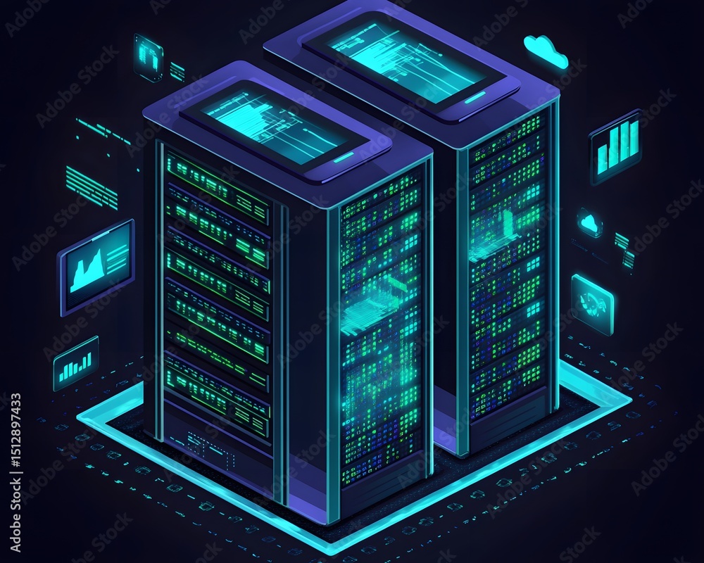 Poster a futuristic data center featuring advanced server towers illuminated with digital displays. this im