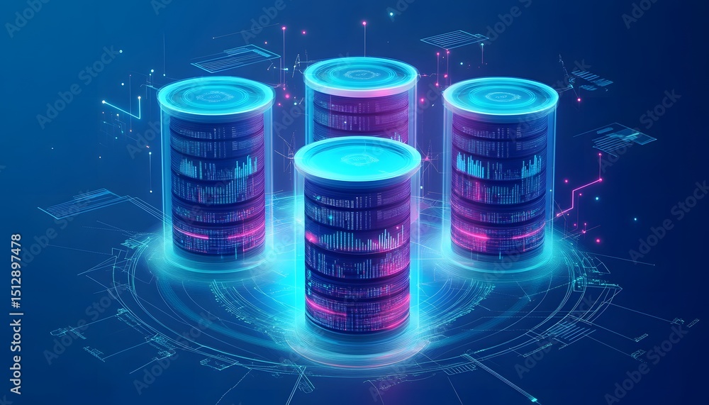 Poster a futuristic digital representation of data storage with vibrant glowing databases, illustrating mod