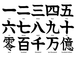 Japanese kanji characters for the numbers zero to ten, hundred, thousand, ten thousand and hundred million isolated on transparent background, calligraphy art, tattoo ideas