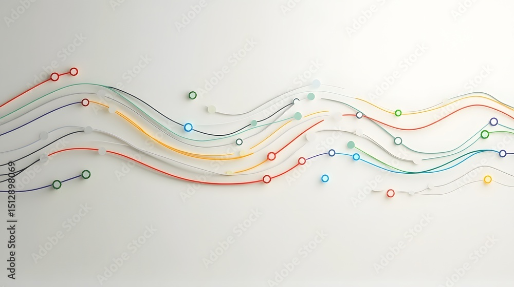 Poster an abstract composition of colorful lines and circles flowing across a white background, evoking a s