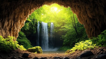 Cave entrance to lush waterfall