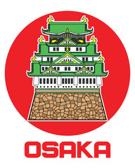 Symbols of Osaka Japan with Osaka castle drawing in colorful cartoon vector