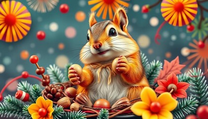 Fototapeta premium A cheerful chipmunk clutching nuts, nestled amidst a vibrant, retro New Year's design, new year, illustration