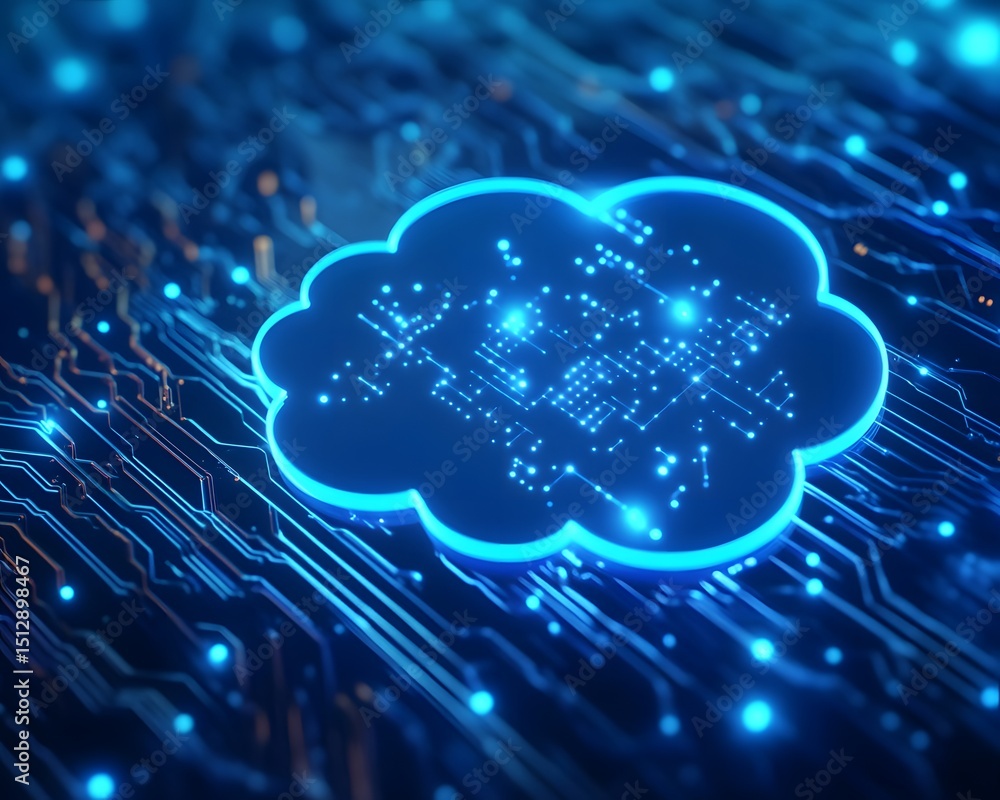 Poster this image showcases a futuristic cloud symbol surrounded by glowing circuit patterns, representing 