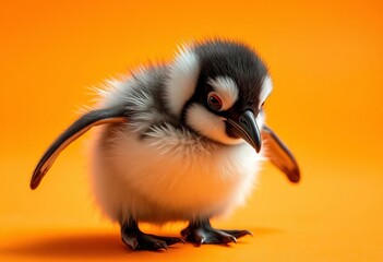 A fluffy penguin chick waddles on a vibrant orange background, indoors,  animal photography,  playful
