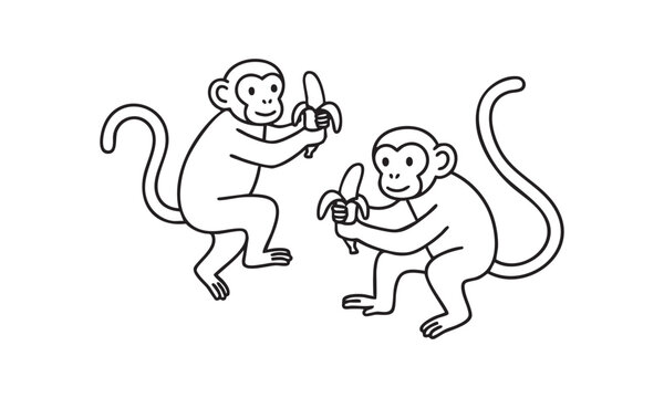 Cartoon monkeys sharing bananas in friendly gesture