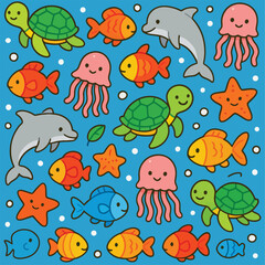 Fototapeta premium Summer Marine Animals Pattern – Cute Sea Creatures Vector