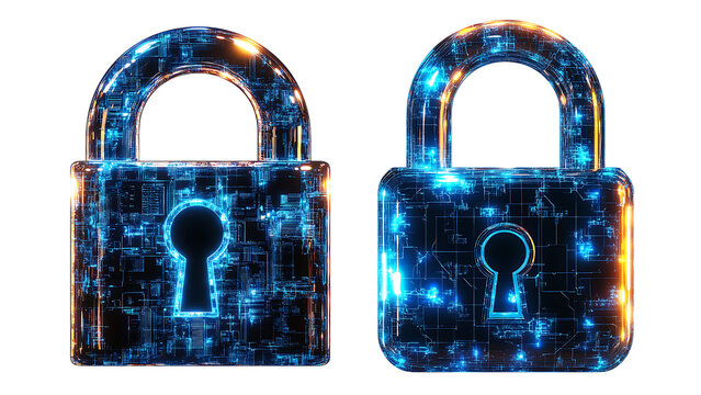 Two digital padlocks indicate cybersecurity. Their blue circuitry represents technology and encryption. on transparent background PNG