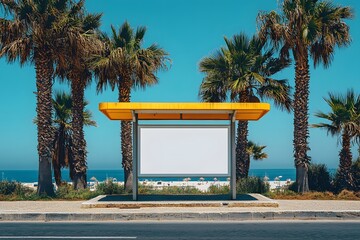 Yellow Bus Stop Billboard on Beach Road with Palm Trees and Turq