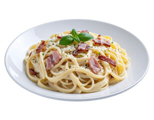 Delicious pasta carbonara on a white plate with bacon cheese and basil on transparent background