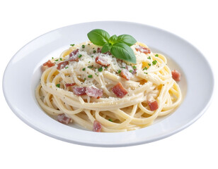 Delicious pasta dish on white plate with fresh herb on transparent background