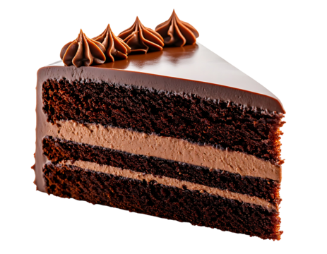 A slice of rich chocolate cake with chocolate frosting and decorations against a transparent background