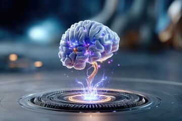 Glowing holographic brain floating mid-air