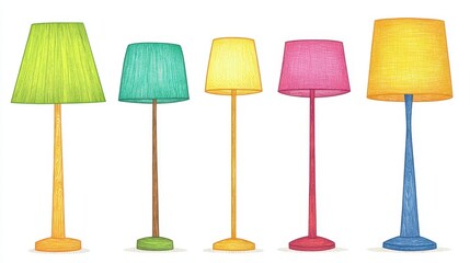 Colorful lamps illustration modern vibrant decor create a standing interior lighting design. Lamps stand as decor in a modern space. Vibrant colorful arrangement, illustration style, interior design,
