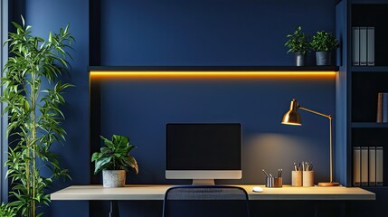 Orange and Navy Contrast: Pair burnt orange with navy blue for a sophisticated and energetic look, for home office, place linear led light over desk, led task lamp on desk