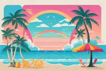 Fototapeta premium Summer Vacation Beach Illustration — Flat Vector with Palm Trees, Coconut Drink, and Sunset