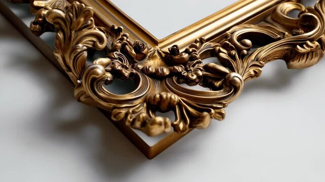 Close-up of an ornate gilded picture frame corner with intricate floral carvings, offering a luxurious and antique aesthetic