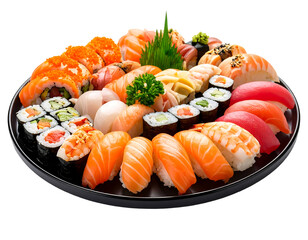 Assorted sushi platter on a black plate showcasing fresh seafood arrangement. Colorful presentation with transparent background