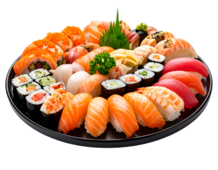 Assorted sushi platter on a black plate showcasing fresh seafood arrangement. Colorful presentation with transparent background