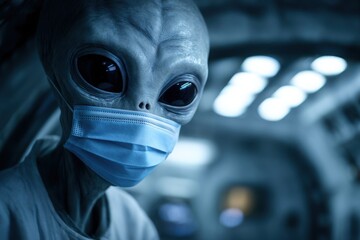 Alien Wearing Face Mask Stock Photo: Extraterrestrial Protection, Pandemic Safety, Space Travel, Grey Alien Portrait, Medical Mask, Blue Tones, Sci-Fi Concept