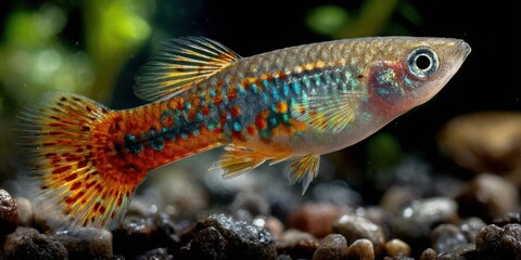 Fototapeta premium Fancy Guppy Fish Macro: Colorful Ornamental Fish in Aquarium with Pebbles, Tropical Fish Photography