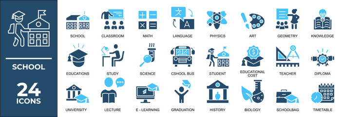 School icon set. Containing classroom, students and teacher icons. Education and knowledge symbol. Solid icons vector collection.