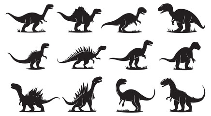 Twelve silhouettes of prehistoric dinosaurs