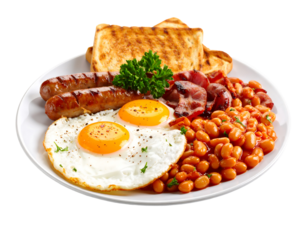 A plate of a meal with fried eggs sausages bacon beans and toast on a white plate against a transparent backdrop