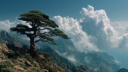 Obraz premium Majestic Mountain Landscape with Ancient Pine Tree and Dramatic Cloudscape