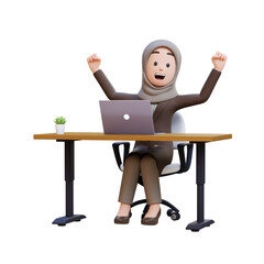 3D muslim business woman character is celebrating in desk with laptop