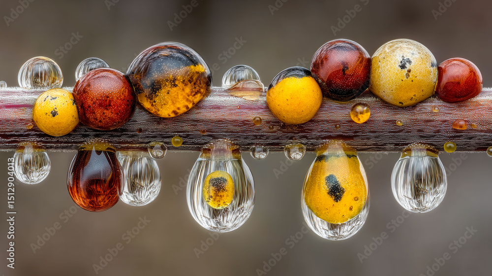 Poster a branch covered in droplets of water and a few insects. the droplets are of different sizes and col