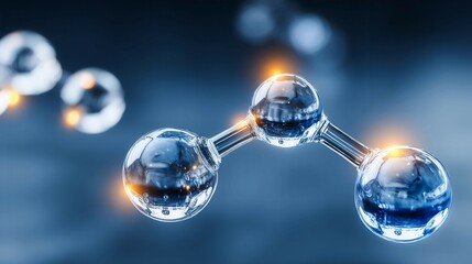 A close up of three water droplets, each with a different color, floating in the air. The droplets are arranged in a way that they appear to be connected, forming a molecular structure