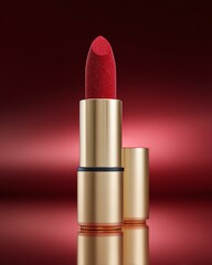 Obraz premium Lipstick product mockup in red-orange beauty tone Vibrant red lipstick in a luxurious gold case, perfect for enhancing beauty and style for any occasion.