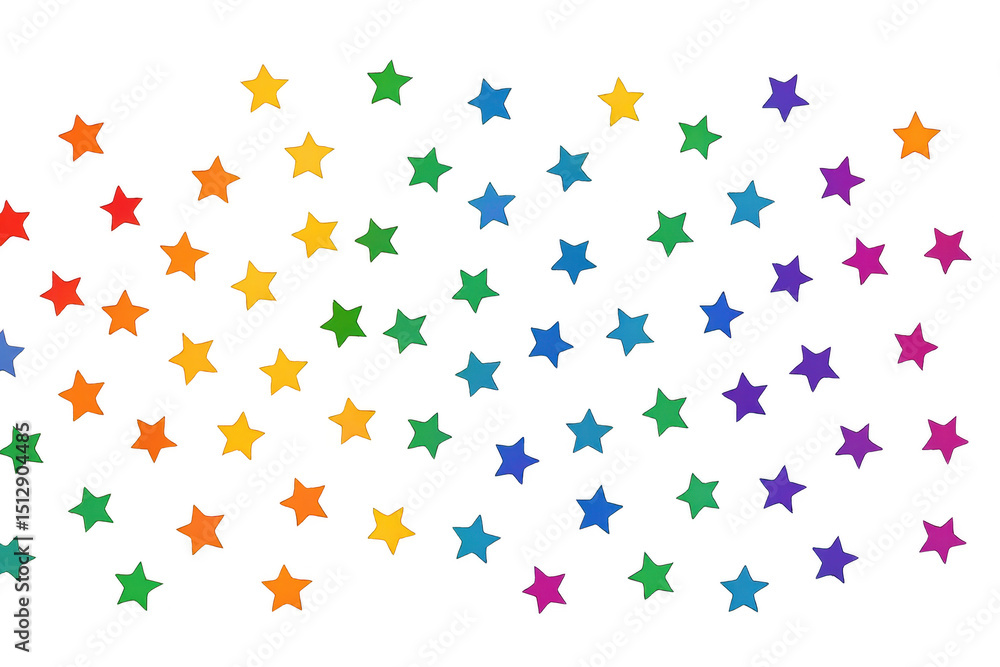 Poster vibrant five-pointed stars falling dynamically, spreading festive energy against translucent backgro