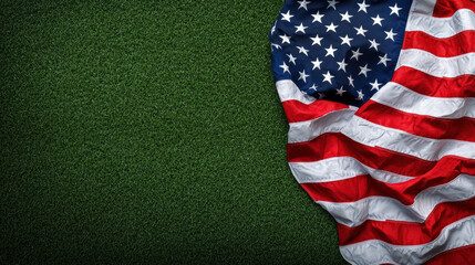 Obraz premium Waving American flag on green grass background, symbolizing patriotism, freedom, and national pride in the United States.