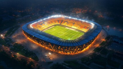 Illuminated stadium at night, city view