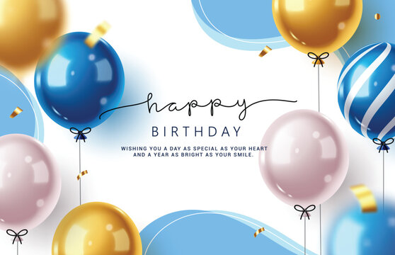 Happy birthday greeting clipart banner design. Birthday greeting text and wishes with colorful floating balloons elements in blue and white abstract background clip art for invitation card template 