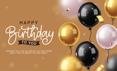 Obraz premium Happy birthday greeting clipart banner design. Birthday wishes in elegant background with gold, black and white floating balloons decoration elements clip art vector illustration. 