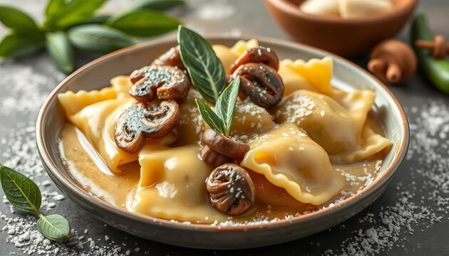 Buttery sage sauce coats delicate mushroom ravioli, parmesan dusting, italy, parmesan